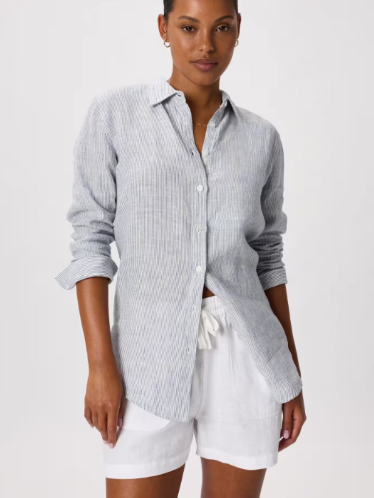 Quince 100% European Linen Long Sleeve Shirt Blue Pinstripe Xs